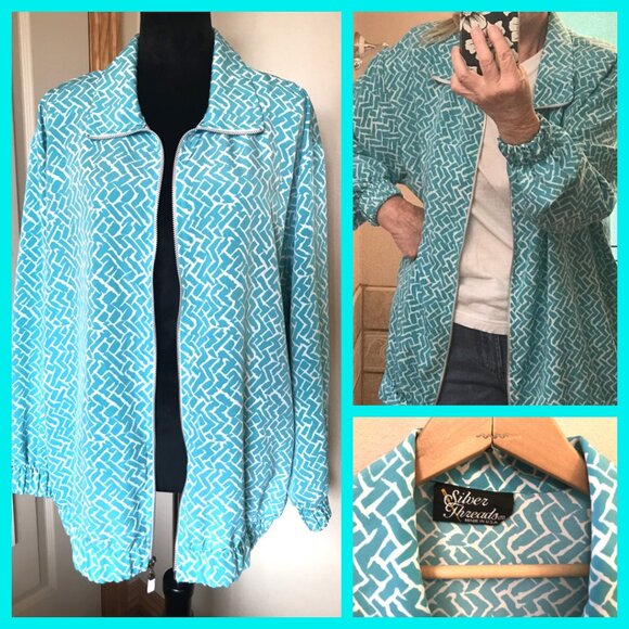 Silver Threads Windbreaker Jacket: Vintage 70s Lightweight Zippered Turquoise L - Picture 10 of 10